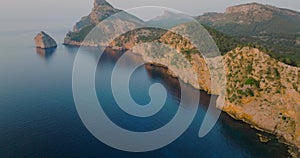 Scenic aerial view of a mountainous region in Majorca with cliffs. Spain.