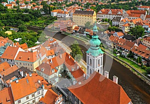 Scenic aerial view over the old Town of Cesky Krumlov, Czech Republic