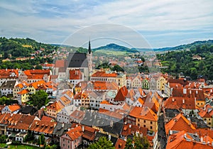 Scenic aerial view over the old Town of Cesky Krumlov, Czech Republic