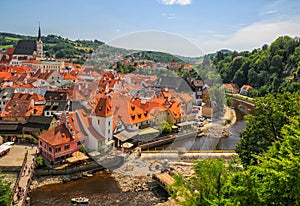 Scenic aerial view over the old Town of Cesky Krumlov, Czech Republic