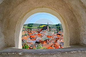 Scenic aerial view over the old Town of Cesky Krumlov, Czech Republic