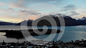 Scenic aerial view of Queenstown during sunrise