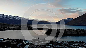 Scenic aerial view of Queenstown during sunrise