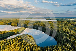 Scenic aerial view of Sciuro Ragas peninsula, separating White Lakajai and Black Lakajai lakes. Picturesque landscape of lakes and