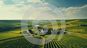 Scenic aerial view of vineyard with villa in idyllic countryside, ideal for farm banner concept