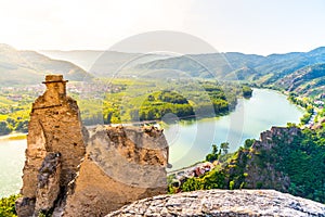 Scenic aerial view of Wachau Valley and Danube River from Durnstein Castle ruins, Austria