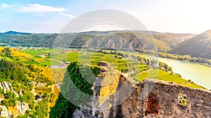 Scenic aerial view of Wachau Valley and Danube River from Durnstein Castle ruins, Austria