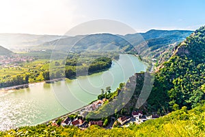 Scenic aerial view of Wachau Valley and Danube River from Durnstein Castle ruins, Austria