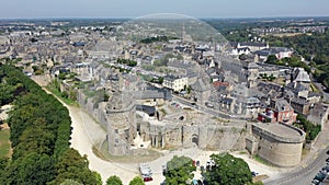 Scenic aerial view of walled Breton town of Dinan on sunny summer day, France