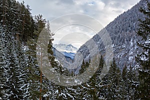 Scenic alpine valley on the Swiss-Austrian border on the way to the Samnaun ski resort, Austria