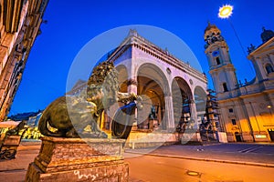 Scenic architecture of Odeonsplatz square in Munich evening view