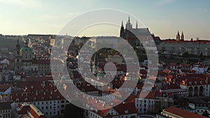 Scenic autumn aerial view of the Prague Old Town pier architecture and Charles Bridge over Vltava river in Prague, Czech Republic