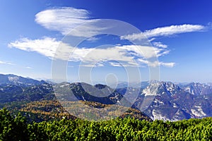 Scenic autumn landscape of the Austrian Alps from the Krippenstein Dachstein cable car.