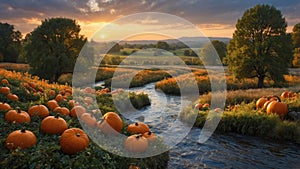 Autumnal Pumpkin Patch by the River at Sunset