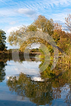 Scenic autumn landscape in October in European Russia. Calm river with sky and trees reflection. Vertical shot. Photo wallpaper