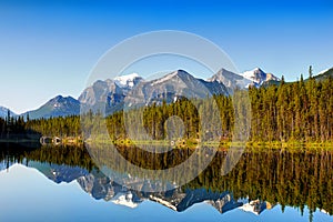 Scenic autumn mountains lake reflection panorama