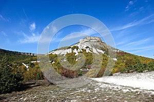 Scenic autumn view to Tepe Kermen Cave City near Bakhchysarai in Crimea