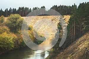 Scenic autumn winding valley Hoper river. Picturesque nature floodplain, sandy cliff edge background Aerial view