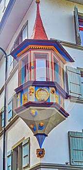 The scenic balcony of historical house on Pfistergasse street in Altstadt, on March 30 in Lucerne, Switzerland