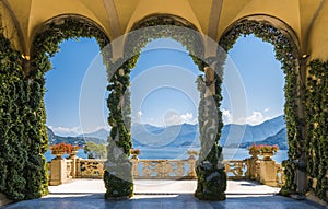 Scenic balcony overlooking Lake Como in the famous Villa del Balbianello, in the comune of Lenno. Lombardy, Italy.