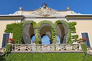 Scenic balcony overlooking Lake Como in the famous Villa del Balbianello, in the comune of Lenno. Lombardy, Italy photo