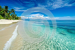 A scenic beach with palm trees and crystal-clear blue water washing the sandy shore, Tropical beach with crystal clear waters and