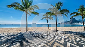 Scenic beach with palm trees and a patterned promenade on a sunny day. Tropical paradise captured in high resolution photo