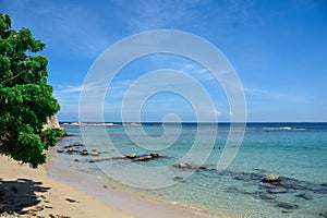 Scenic beach with white sand shoreline in Sri Lanka.