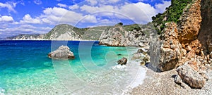 Scenic beaches of beautiful Cephalonia (Kefalonia) island - Agia Eleni with picturesque rocks. Greece