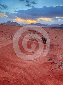 Scenic beautiful sunset in Wadi Rum desert, Jordan