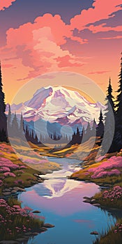 Scenic Beauty: Mountains And Flowery Forest In American Scene Painting Style