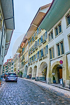 Scenic Bernese buildings with arcades on Postgasse street, Switzerland