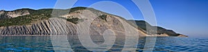 Scenic Black Sea coast landscape by Utrish, Anapa, Russia on blue sky sunny day. Wide angle panorama