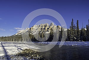 Scenic Bow river and Castle Mountain