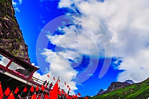 A scenic building on the mountains and the blue sky in china