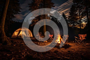 Scenic campfire with burning wood near people, chairs, and camping tent in forest