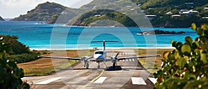Scenic Caribbean Runway Small Plane Landing On An Island Airstrip