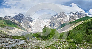 Scenic Caucasus mountains in Svaneti, Georgia. Mountain landscape Tetnuldi and glacier Lardaad summit near Adishi photo