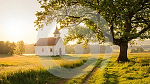 Scenic church nestled by tree in sunny countryside, offering ample copy space for text