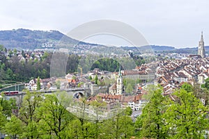 Scenic of The city of Bern, the capital of Switzerland.The Aare river flows in a wide loop around the Old City of Bern.