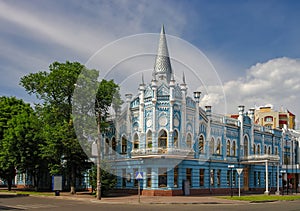 Scenic cityscape of Cherkasy, Ukraine. Building of former Sloviansky hotel - historical building and symbol of the city