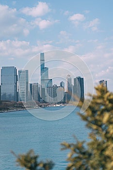 Scenic cityscape view with Chicago downtown and Lake Michigan at daytime