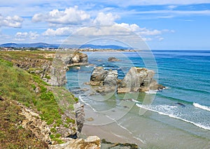 Scenic cliffs view of Praia das Catedrais, famous beach in Galicia, northern Spain