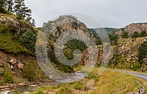 Scenic Coal Creek and Coal Creel Canon Road in Rocky Mountains