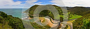 Scenic coastal landscape along Great Ocean Road as viewed from Teddy`s Lookout in Victoria