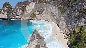 Scenic coastline with beach and blue ocean on Nusa Penida island. Aerial view