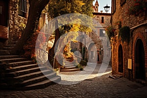 A scenic cobblestone street with steps that ascend to a magnificent tree, An old, winding, cobblestone street in a small Italian