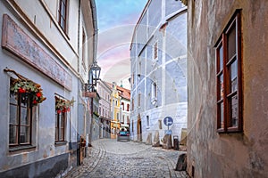 Scenic colorful street of old town of Cesky Krumlov