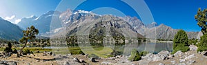 Scenic crystal lake panorama in Fan mountains in Pamir, Tajikistan