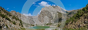 Scenic crystal lake panorama in Fan mountains in Pamir, Tajikistan